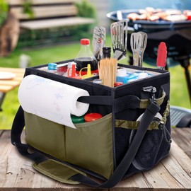 FRECOLSH Large Grill Caddy with Paper Towel Holder – Collapsible BBQ Organizer for Camping, Tailgating, RV, Boating – Grilling Gifts for Men – Griddle Tote Bag with Shoulder Strap – Outdoor Essentials