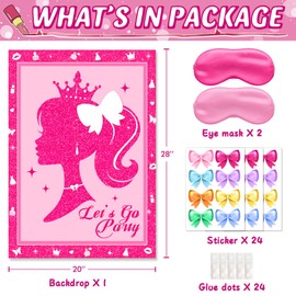 KULUJIA Hot Pink Girl Party Game Supplies, Pin The Bow Sticker on The Head, Pink Girl Princess Party Game, Large Poster with 24Pcs Bow Stickers Favors for Kids Girls Birthday (Sparkly Pink)