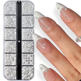 3D White Pearl Nail Charms Round Pearl Beads Nail Art Charms Half-round Pearls for Nails Weiße Perlen Set Nagel Charms Perlenset Nagelperlen Nail Beads Perle Nagelanhänger Schmuck Nageldesign Zubehör