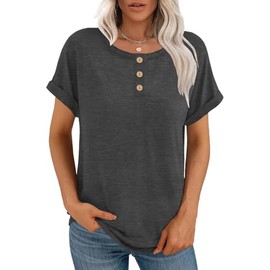 APOFER Women's Casual Short Sleeve T-Shirts Summer Basic Crew Neck Loose Fit Henley Shirts Dark Gray