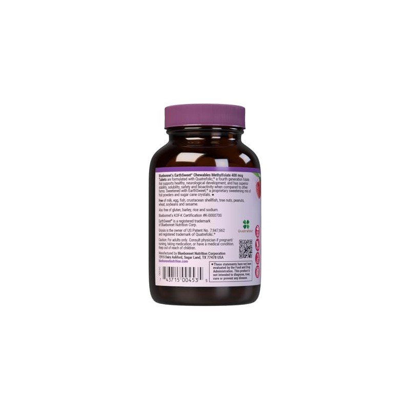 Bluebonnet Earth Sweet Cellular Active Methylfolate 400 mcg Chewable Tablets,