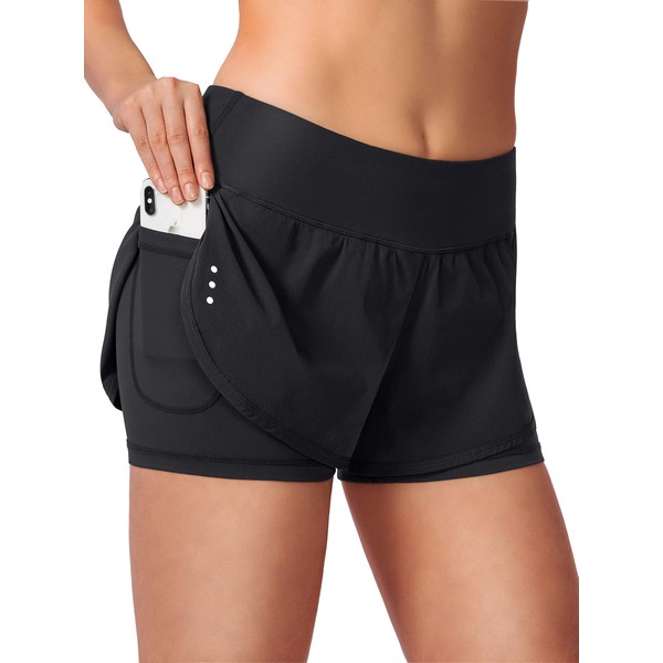 Soothfeel Women's 2 in 1 Running Shorts Workout Athletic Gym Yoga Shorts for Women with Phone Pockets Black