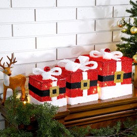 Geelin Set of 3 Christmas Lighted Gift Boxes with Santa Claus Belt in 3 Sizes 60 LED Light up Boxes Under Tree Present Box Decorations for Indoor Outdoor Christmas Tree Door Porch Yard Decor