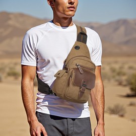 SUIKIHUM Canvas Sling Bag for Women Men, Crossbody Backpack Vintage Convertible, Rucksack Shoulder Bag W/Leather Accents for Outdoor Cycling Hiking Travel, Coffee