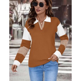 LOMON Womens 2024 Lightweight Split V Neck Trendy Fuzzy Knitted Pull Over Pullover Clothing Chunky Warm Striped Khaki and White, M