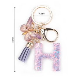Initial Keychain, Letter Keychain with Butterfly & Tassel,Cute Purple Keychain for Women & Girls,Bag Charm,Bling Key Chain Gift for Friends, Sisters, Moms for Birthdays,Valentine's, Graduations, H, H