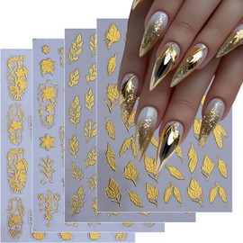 QEYRIYI 4 Sheets Gold Nail Art Stickers Decals 3D Self-Adhesive Leaf Flowers Nail Stickers Gold Floral Leaves Nail Decals Supplies for Women Summer DIY Manicure Decorations Accessories