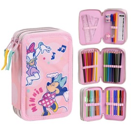 CARTOON School Pencil Case 3 Zip Triple Multi-Compartment Complete 44 Pieces Colours Giotto Children's Stationery, Minnie Mouse, Pencil Cases