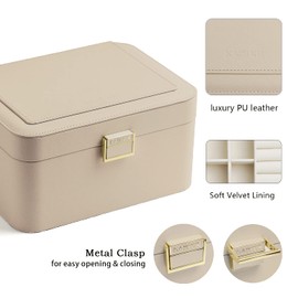 KAMIER Jewelry Organizer,2 Layer Jewelry Organizer Box for Earrings Bracelets Rings Necklaces,Luxury Leather & Soft Velvet Lined,Gift Box Packaging,Beige
