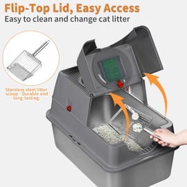 Stainless Steel Litter Box with Lid, XL Extra Large Enclosed Metal Litter Box, Includes 2 Scoops and a Litter Mat. Easy to Clean, Anti-Leakage, Odor Free, Front & Top Dual Entry (Dark Gray)