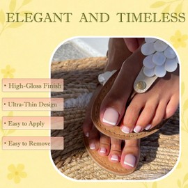 24PCS Short False Toenails with Accessory Tools, French Tip White Border Full Cover Acrylic Stick On Nails, 12 Sizes Natural Fit for Women, Fashionable DIY Pedicure SetSizes