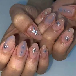 Almond Press on Nails Short Fake Nails Gradient False Nails with Silver Star Design Gradient Glossy Acrylic Nails Full Cover Stick on Nails for Women Manicure 24 Pcs