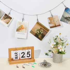 PLIGREAT Multi-Purpose Steel Wall Hanging Photo Display Cable Wire Rod with 12 Alligator Clips, Silver Wall Mounted Photo Display Adjustable Hanging Picture Postcard Note Collage Walls Decor