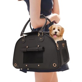 Johomviin Dog Carrier, Cat Carrier, Pet Carrier, Foldable Premium PU Leather Dog Purse, Portable Tote Bag Carrier for Small to Medium Cats and Small Dogs（Black-Medium）