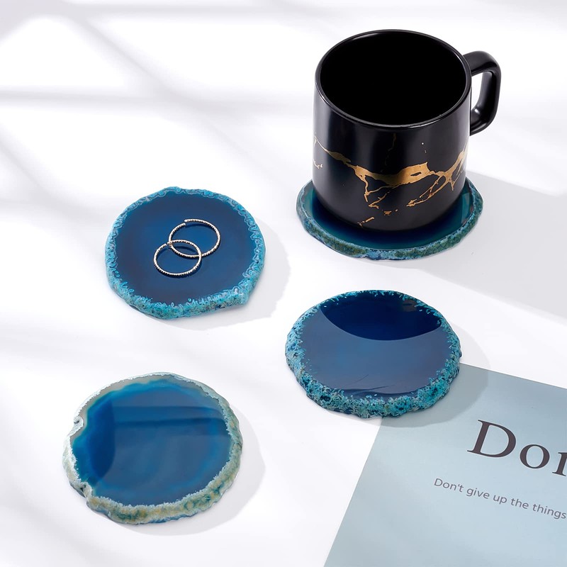 BENECREAT 4Pcs Small Blue Agate Coasters, 6-7.5cm Round Dyed Sliced