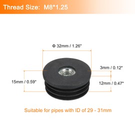 QUARKZMAN Pack of 6 black inserts for round pipes with M8 thread, for 32 mm / 1.26 inch pipe outer diameter, threaded bushings plastic, for roller insert, chair end caps, furniture leg plugs