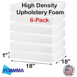 Foamma 6-Pack 1" x 18" x 18" High Density Upholstery Foam, Chair Cushion Square Foam for Dining Chairs, Wheelchair Seat Cushion Replacement