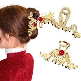 2 Pcs Dragon Hair Clips, Metal Cool Domineering Dragon Hair Claws, Sparkling Rhinestones Festive Single Dragon Spitting Pearl Hair Claw Hair Barrettes for Women Thin Thick Hair Accessories