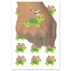 Sloth Riding Turtle Temporary Tattoo Water Resistant Fake Body Art Set Collection - 54 1" Tattoos (1 Sheet)