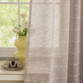 NINETREX Window Curtains Striped Dots Embellishment Blended Linen Look Sheer Curtains Home Dress Durtains For Living Room Protect Privacy Fecoration Set Of Rods, 2-piece Set(52"W x 63"L,Brownish-grey)