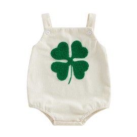 Fuethsuy St Patricks Day Newborn Baby Boy Girl Outfit Clover Embroidery Romper Sleeveless Overalls Bodysuit Spring Outfit (Beige, 0-3 Months)