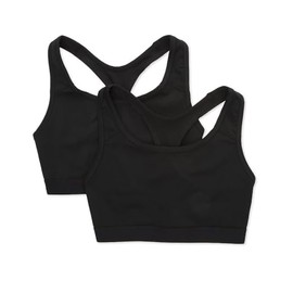 Fruit of The Loom Women's Medium Impact Sports Bras, Ideal for Yoga, Cycling, Walking and Lounging, Non-Padded Design, Supports Without Padding 2 Pack Black Hue/Black Hue L