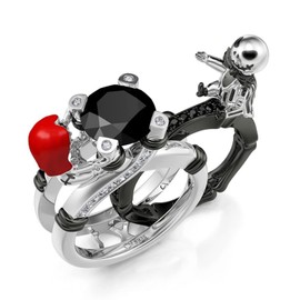 Jeulia Hug Me Magic of Love Skull Couple Round Cut Sterling Silver Ring for Women Wife Girlfriend Engagement Wedding Anniversary Christmas Birthday With Jewelry Box (Interchangeable, 7)