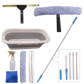 Pro Window Cleaning Kit with Storage Bucket, with 4 13 inch Extension Rods, Scrubber, Spray Bottle, Rag and Scraper with Rotating Head - Car/Home Glass Cleaning System