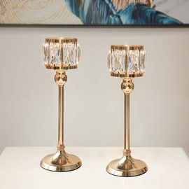 2 candelabros de cristal con portavelas estilo cuenco para cirio, velas, centros de mesa de bodas y decoraciones de mesas (dorado, 2 piezas)