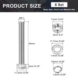 uxcell M6 x 45mm Hex Head Screws Bolts, Nuts, Flat & Lock Washers Kits, 304 Stainless Steel Fully Thread Hexagon Bolts 8 Sets