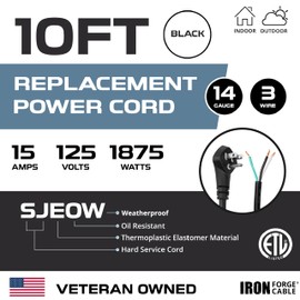 Iron Forge Cable Coiled Replacement Extension Cord 10 ft - 14 Gauge 15 Amp Heavy Duty Power Extension Cords - SJEOW Oil Resistant & Flat Plug Cord Replacement 3 Prong Retracting Coil- Black