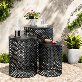 FONTOI Outdoor Side Table Set of 3, Round Patio Accent Table, Metal Frame End Table for Indoor Outdoor, Modern Decorative Garden Stool Nesting Side Table for Cafes, Patio Balconies, Black