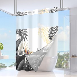 TWLSNCD Extra Long No Hook Tropical Shower Curtain with Snap in Liner Set - Summer Palm Monstera Plant Leaf for Bathroom Decor - Hotel Quality Botanical Ringless Double Layer, Grey 71" x 84"