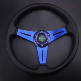 RASTP Universal Racing Steering Wheel 13.8”/350mm 6 Bolts Grip Vinyl Leather & Aluminum with Horn Button for Car - Blue