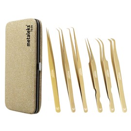 Metaleks 6PCS Eyelash Extension Tweezers Sets Made of Japanese Stainless Steel In Magnetic Kit (Golden Titanium Coated 2)