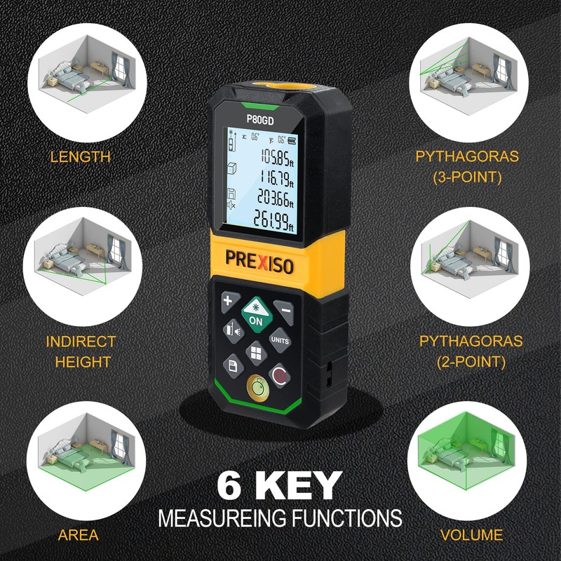 PREXISO Laser Measure Rechargeable, 265Ft Green Beam Laser Measurement Tool