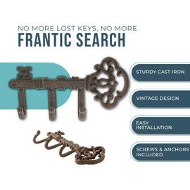 Comfify Decorative Skeleton Key Hook – Wall Mounted Cast Iron with 3 Hooks – Vintage Rustic Style – 7.7" x 4.5" – Includes Screws and Anchors