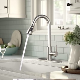 RUHEKⅤ Kitchen Sink Faucet with Pull Down Sprayer，Utility Rv Bar Sinks Deck Plate Home Handle Stainless Steel 360 High Arc Brushed Nickel Out Kitchens Tap Faucets (Silver)