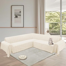 ALIECOM Corner Sectional Couch Covers L Shape Sofa Cover with Tassel Chenille Soft Thick U Shaped Sectional Slipcovers Washable Furniture Protector for Pets Dogs Cats (Lines Khaki, 91x275 Inch)