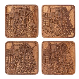 San Francisco Map Coaster, Set Of 4, Sapele Wooden Coaster With City Map, Handmade