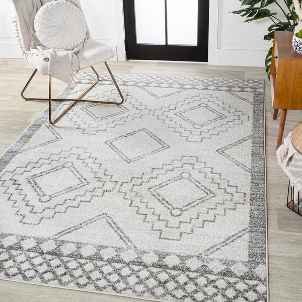 JONATHAN Y MOH200B-8 Amir Moroccan Beni Souk Indoor Area-Rug Bohemian Farmhouse Rustic Geometric Easy-Cleaning Bedroom Kitchen Living Room Non Shedding, 8 X 10, Cream,Gray