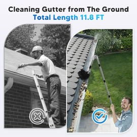 11.8 FT Gutter Cleaning Tools From the Ground, No Ladder Needed - Adjustable Gutter Cleaner Pole with Brush & Shovel for Roof Rain Gutters, Cleans Leaves, Branches & Debris, with Grip Tapes.