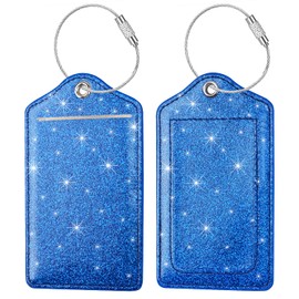 (Set of 2) Luggage Tag Leather Privacy Cover ID Label Address Card with Stainless Steel Loop, Travel Bag Tags Suitcase Labels, Glitter Dark Blue