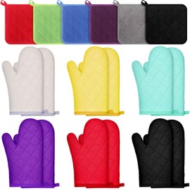 Zubebe 12 Pcs Oven Mitts and Pot Holders Multicolor Sets 6 Pair Heat Resistant Cotton Oven Gloves Extra Thicken Long Kitchen Gloves 6 Terry Cloth Pot Holders Oven Hot Pads for Cooking Baking Grilling