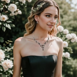 Clearine Wedding Jewellery Set for Women Bride, Y-Necklace Dangle Earrings Set Stunning Crystal Teardrop Leaf Flower Cluster Prom Jewellery for Bridal Bridesmaid Black Silver-Tone