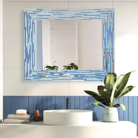 Head West Blue Mosaic Frameless Tiled Reeded Printed Glass Vanity Mirror, Accent Decorative Mirror for Wall Decor, Modern Bathroom Mirror for Over Sink, Bedroom, Entrance, Hallway, Living Room 24"x30"