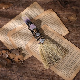 RENEMEGO Witch Crystal Altar Broom - Witchcraft Supplies Wiccan Decor Dragon Altar Supplies with Purple Fluorite Natural Healing Crystals Reiki Energy Emotional Regulation Wealth Attraction Crafts