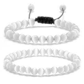 XSDSLS 2 Pcs Women Natural Stone Bead Bracelets Crystal Bracelets Stretch 6MM Gemstone Beaded Bracelet Yoga Bracelet Adjustable Cat Eye Stone Bracelet Birthday Gifts for Women Teen Girls (White)