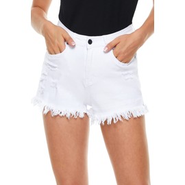 HVEPUO Summer Shorts Mom Jeans Buttons Shorts Holes Hot Pants Women's Skinny, C-white