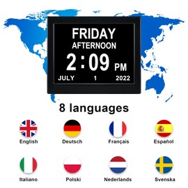 KASTISS Digital Calendar Day Clock 8 inch Black Extra Dementia Clock for Elderly Impaired Vision Memory Loss, Programmable Medication Reminder, Hourly Chime - Best Gifts for Family